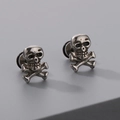 Gothic skull stud earrings in vintage silver stainless steel with punk style detail - Antique Silver Skull and Crossbones Style (KE113959-WGLN)