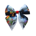 Detailed view of Halloween swallowtail bow with pumpkin and bat prints on blue ribbon - Hair Clip Style / Black