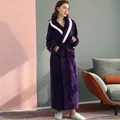 Thick violet flannel bathrobe with white contrast trim and textured pattern - Purple (Women's)