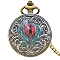 Vintage bronze pocket watch featuring red tulip hollow floral design on the cover - Bronze - Tulip Hollow Carved
