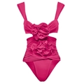 Costume da bagno intero rosa con fiori rosa 3D e dettagli a pieghe strutturate - S / Costume da bagno a canotta fucsia