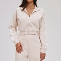 Women's pink tracksuit featuring striped sleeves with zip jacket and high-waist joggers - S / Oat Apricot