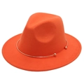 Top view of bright orange wool fedora hat with gold metal ring and ball decoration detail - Orange
