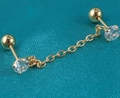 Golden double piercing chain earrings with clear cubic zirconia and screw back ball - 0.8x6x4mm / Gold Double Round Zircon