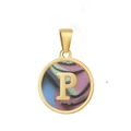 Pendentif doré en acier titane avec lettre P ronde sur fond abstrait coloré - P-Coquille Multicolore