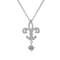 Macro detail of silver iris flower pendant featuring sparkling diamonds on a white background - Water Drop Fleur-de-lis Silver