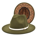 Detail of olive green fedora hat featuring leopard print brim and white leather belt - M (56-58cm) / Army Green
