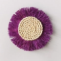 Bohemian round straw wall decor with beige woven center and purple raffia fringe tassels - Purple Tassel Style (18cm)