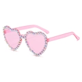 Detail view of pink heart-shaped sunglasses with vibrant rainbow rhinestones on the frame - Pink Lens Colorful Rhinestones