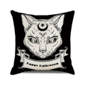 Black square Halloween pillow case with white cat moon and Happy Halloween text - Magic Cat Halloween Text Pattern
