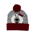 Grey and burgundy knitted Christmas hat with a polar bear pattern and a red pompom - Hat Style 53 (Grey Crown Bear)