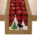 Christmas table runner with red buffalo plaid, reindeer and tree prints on linen wood table - 33cmx180cm / ZQ16-5 (Buffalo Plaid Deer Tree)
