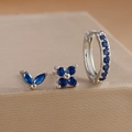 Macro detail of S925 silver earring set with blue stones and petal designs - Silver-Deep Blue (3 Pcs Set)