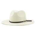 Minimalist beige straw panama hat with black leather band and gold rivets detail - Creamy White