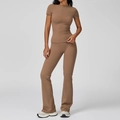 Slim-fit coffee brown yoga set featuring crewneck short sleeve top and flared leggings - S / Short Sleeve + Flare Pants / Mocha Brown