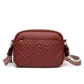Brown soft leather crossbody bag with V-quilt pattern and woven wide strap detail - Red
