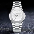 ORUSS men's silver stainless steel watch with white dial and date display on dark background - White