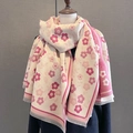 Detail of cream scarf with pink floral print and tassel fringe on wooden mannequin - 65*185cm / Rice Pink