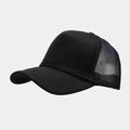Side view of black trucker hat featuring breathable mesh paneling and a curved brim - Adjustable / Solid Black