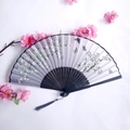 Chinese style folding fan with gray-white gradient ink floral pattern and black tassel - Gray & White Gradient Ink Wash Floral & Butterfly Style (Smile Women's Fan-11)