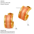 Detail view of pink enamel 18k gold plated C-shape stainless steel earrings 16x10mm - Coral Pink (SE834G-2)