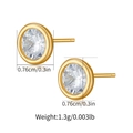 Detailed macro view of gold round stud earrings with clear zircon and dimensions display - Gold Bezel Round (KE1501)
