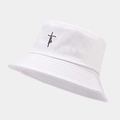 Close-up of white cotton bucket hat with black faith cross embroidery and stitched brim - White / One Size