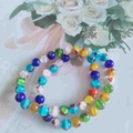 Double layered 8mm colorful cat eye stone bracelet set with charming red heart beads - Millefiori Glass Heart Bead