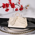 Beige triangular wedding favor box with organza bow and wooden ring handle - New Beige Box + Plain Beige Fishtail Ribbon / Small Size (do Not Use Wooden Rings)