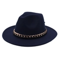 Detail of navy blue felt fedora hat featuring a gold chain and black ribbon trim - M (56-58cm) / Navy Blue (Black Chain Decor)