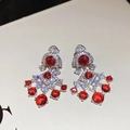 Détails de boucles d'oreilles vintage en argent avec pierre rouge et glands scintillants - Style Royal à Pierre Précieuse Rouge Argenté (70#)