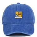 Detailed front view of blue washed cotton baseball cap with sun and clouds embroidery - Sapphire Blue