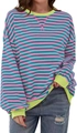 Dettaglio della felpa a righe rosa e verdi con polsini a coste neon e girocollo - Taglia S / Top / Blu rosato