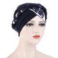 Dark blue printed headscarf with white floral pattern and crossover braided design - Patchwork Navy Floral