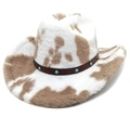 Western cow print plush cowboy hat with brown leather band and turquoise studs - M (56-58cm) / Straight Top / Khaki Cow Print
