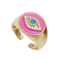 Gold-plated open band ring with pink enamel evil eye motif and turquoise center stone - Adjustable Open / Hot Pink