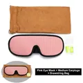 Pink 3D mesh sleep mask set with green earplugs and brown suede drawstring storage bag - Mask + HQ Earplugs + Pouch / Pink