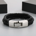 Double-layer black braided leather bracelet with silver stainless steel magnetic clasp - Thick Black Multi-layer Cord Silver Metal Buckle (KB49346-D)