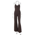 Detail of coffee brown backless halter top and high-waist wide-leg pants lounge set - S / Coffee