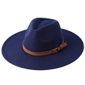 Elegant navy blue wide brim felt fedora hat with a brown leather decorative band - Adult 58cm One Size / Navy Blue