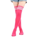 Hot pink over knee high socks with three white stripes paired with denim shorts - One Size / Rose Red with White Stripes