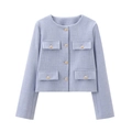 Short tweed jacket for women in light blue with gold buttons and four pocket design - Light Blue