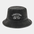 Detail showing white Limited Edition 1970 embroidery on charcoal washed cotton bucket hat - 1970 Embroidery Style (Washed Black)
