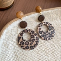 Close-up of leopard print resin earrings with dark brown wood and round beads - 62# Silver Earring Post-Coffee (Leopard Round Wood)