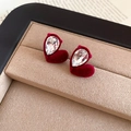 Velvet red heart earrings with pear-cut zircon stones in a premium jewelry box - Red Flocked Heart Pear-Shaped Gemstone Stud Earrings (25# Silver Earring Post - Red)