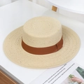 Elegant cream flat top straw hat with a brown ribbon band for beach vacations - Wheat Straw Boater Hat - Brown Buckle Ribbon