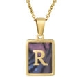 Gold stainless steel necklace featuring a rectangular shell pendant with initial letter R - Colorful Shell R