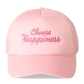 Close-up of pink trucker hat with 'Choose Happiness' embroidery and breathable mesh detail - One Size / Pink