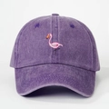 Detail of pink flamingo embroidery on washed purple cotton baseball cap fabric - One Size / Purple
