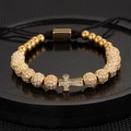 Men's gold-plated beaded bracelet featuring a cross pendant and black woven cord - Gold Cross Zirconia Ball Bracelet
